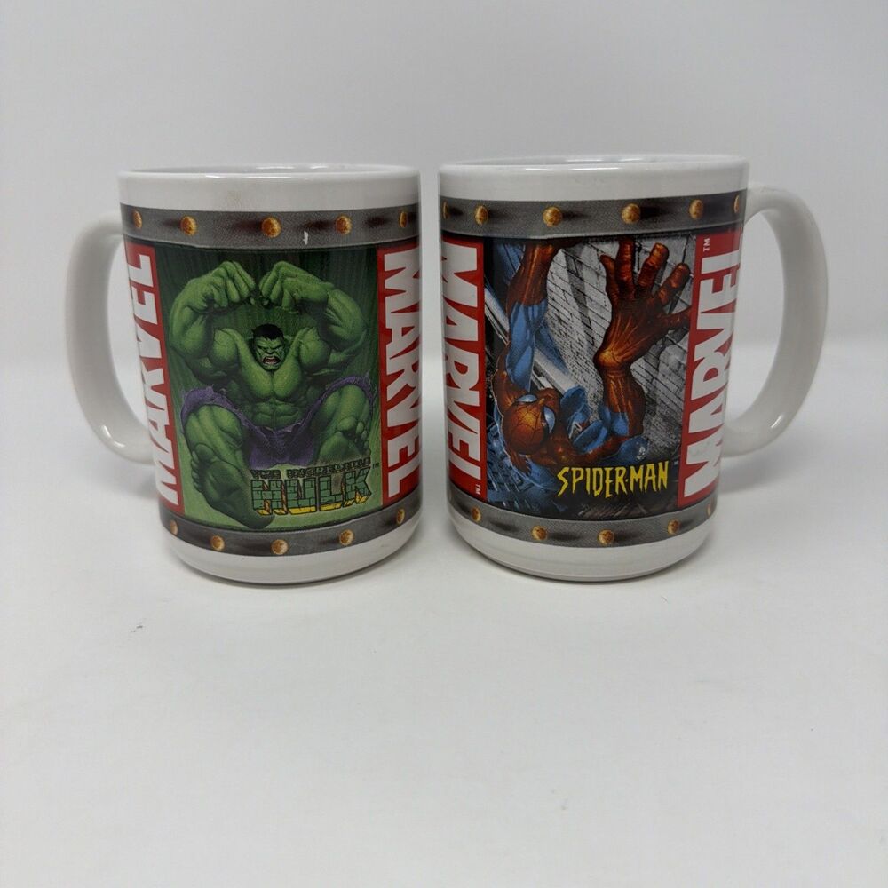 2 Vintage Coffee Cup Marvel Spiderman, Incredible Hulk Mug 2003 Sherwood Brands